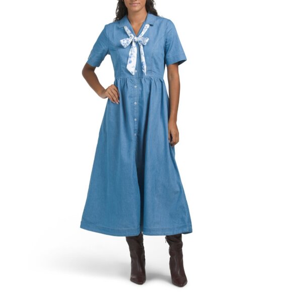LUNA SKIES Light Denim Maxi Shirt Dress With Scarf - Picture 1 of 2